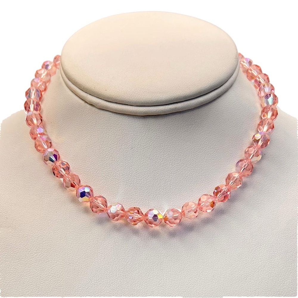 Vintage 1950s Aurora Borealis Pink Austrian Crystal Beaded Choker Necklace
